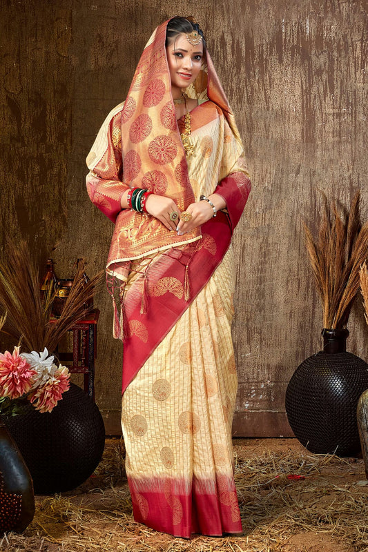 Cream Colour Woven Work Silk Saree