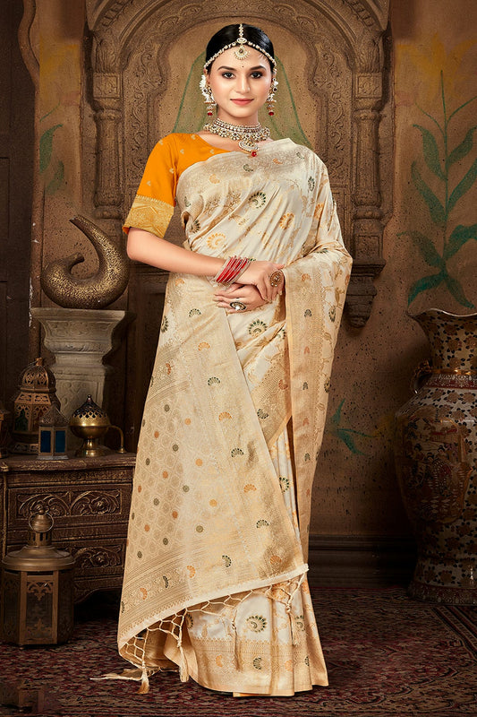 Cream Colour Woven Work Silk Saree