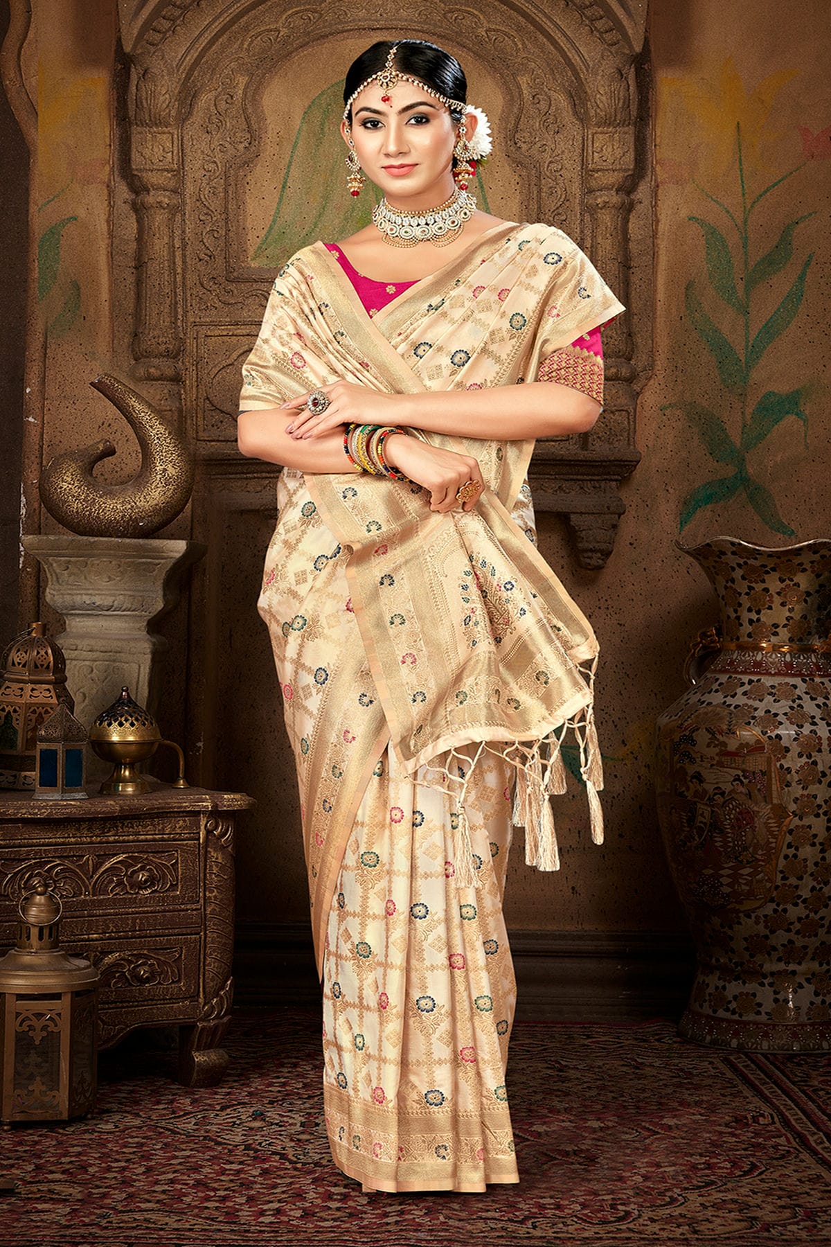 Cream Colour Woven Work Silk Saree