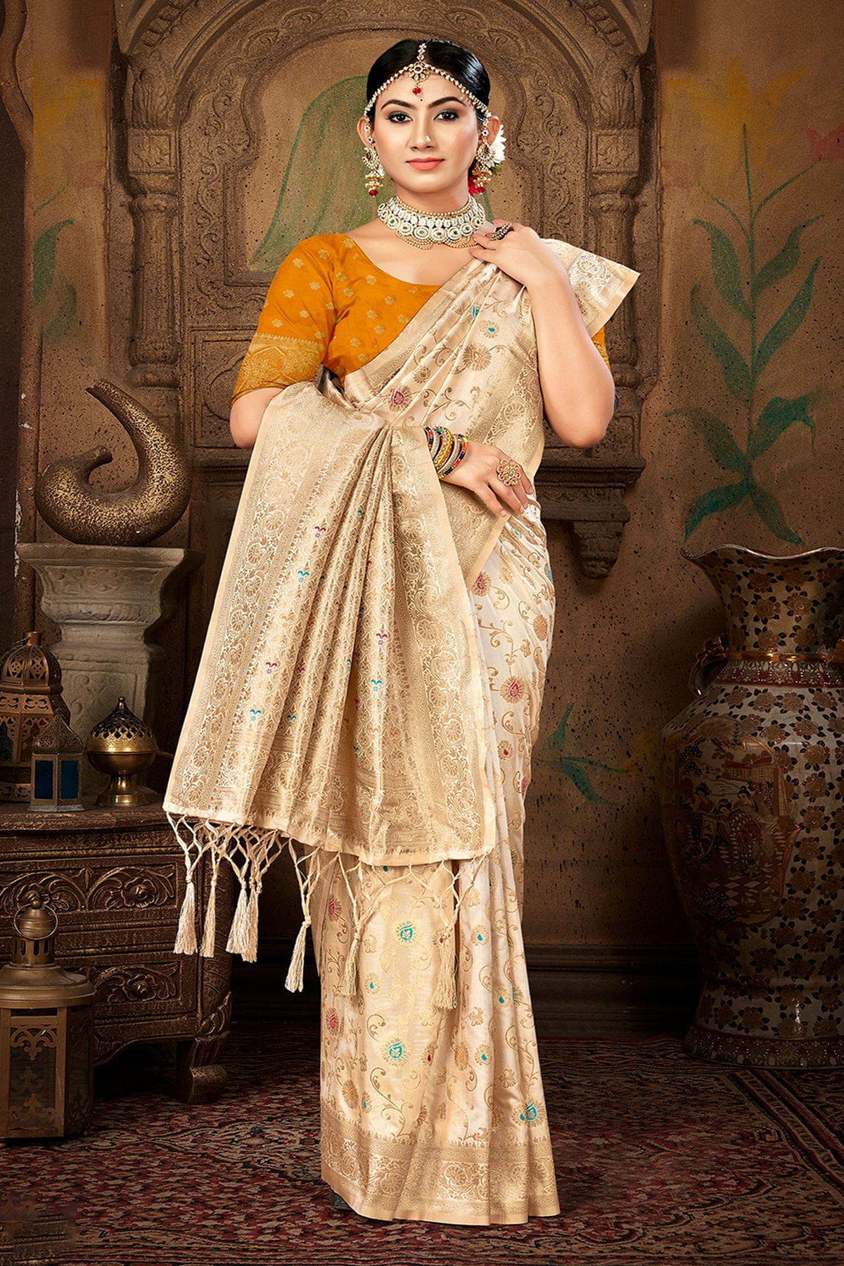 Cream Colour Woven Work Silk Saree