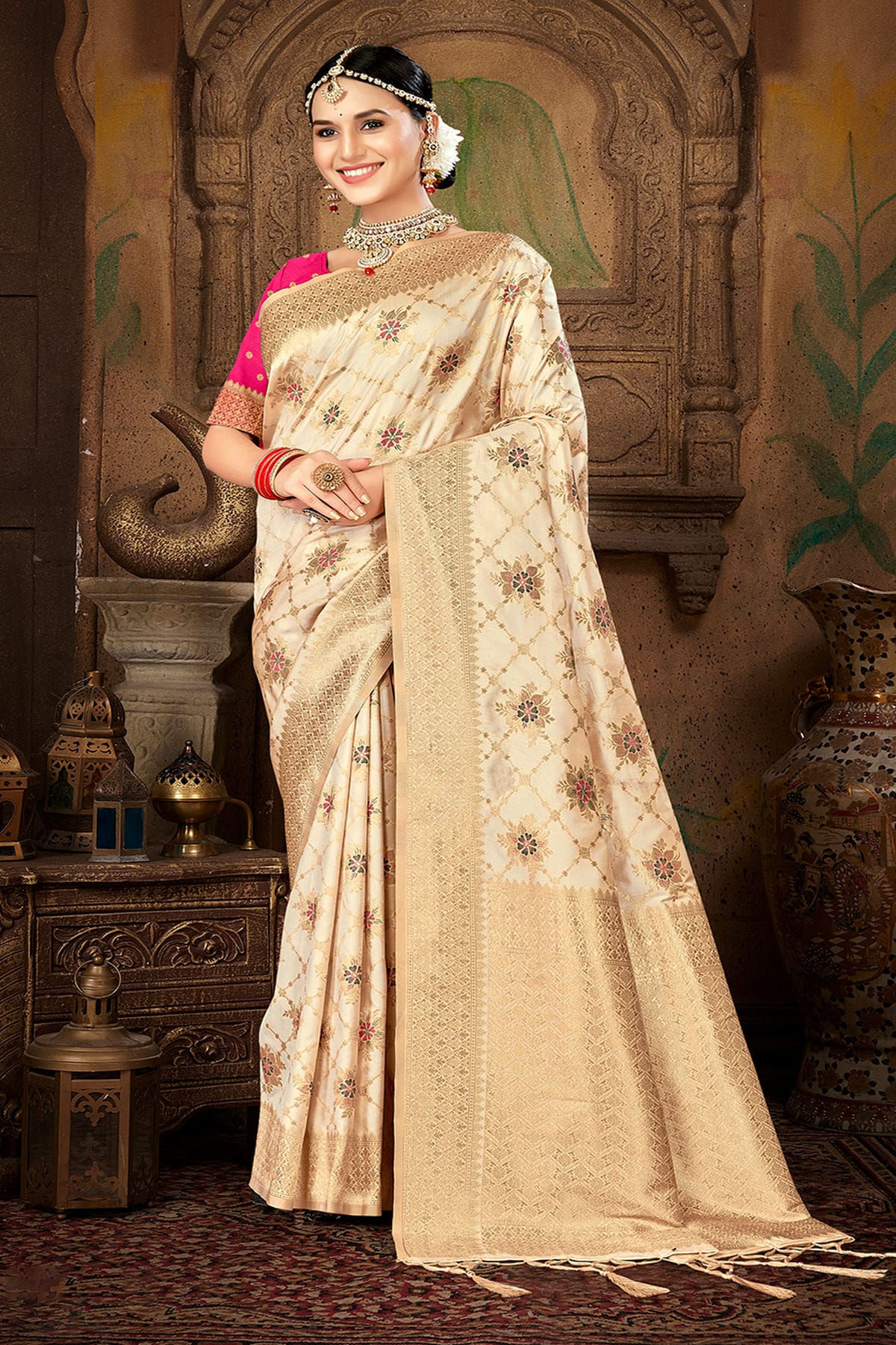 Cream Colour Woven Work Silk Saree