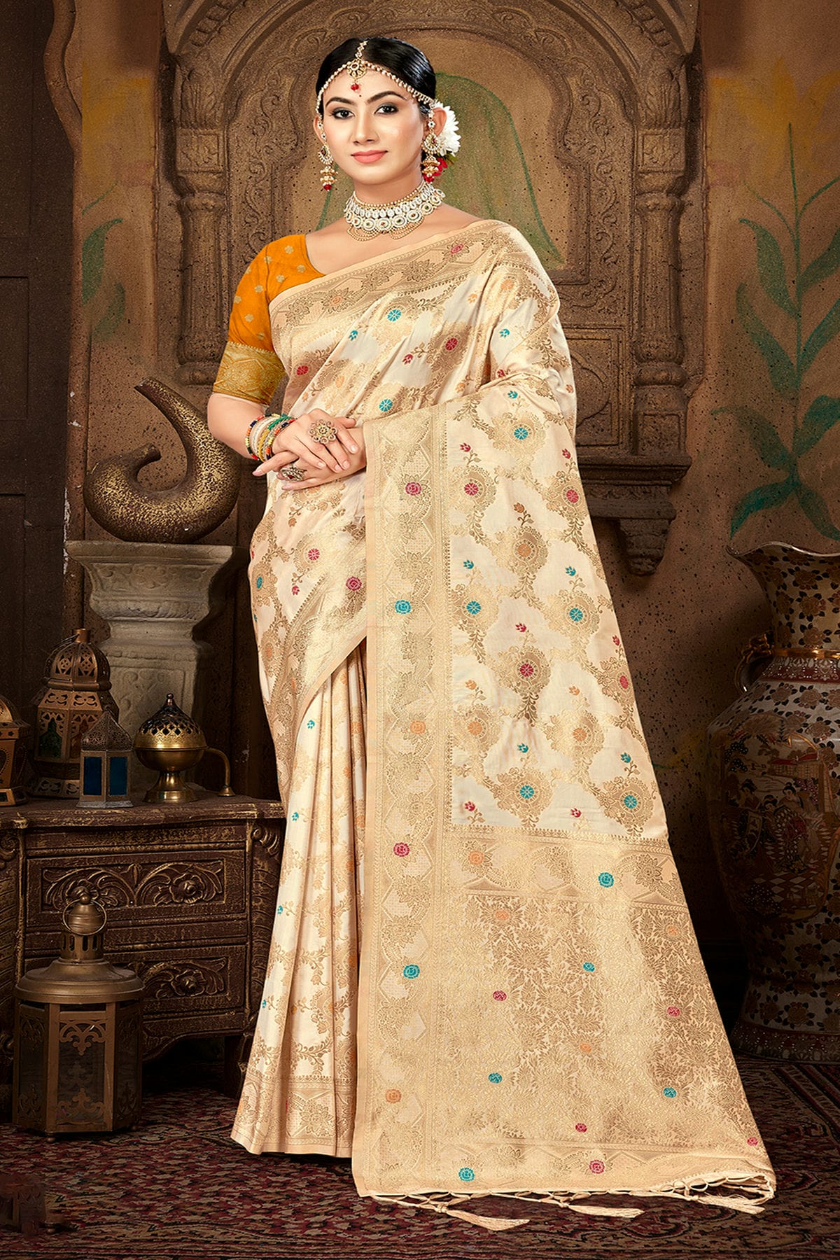 Cream Colour Woven Work Silk Saree