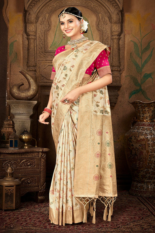 Cream Colour Woven Work Silk Saree