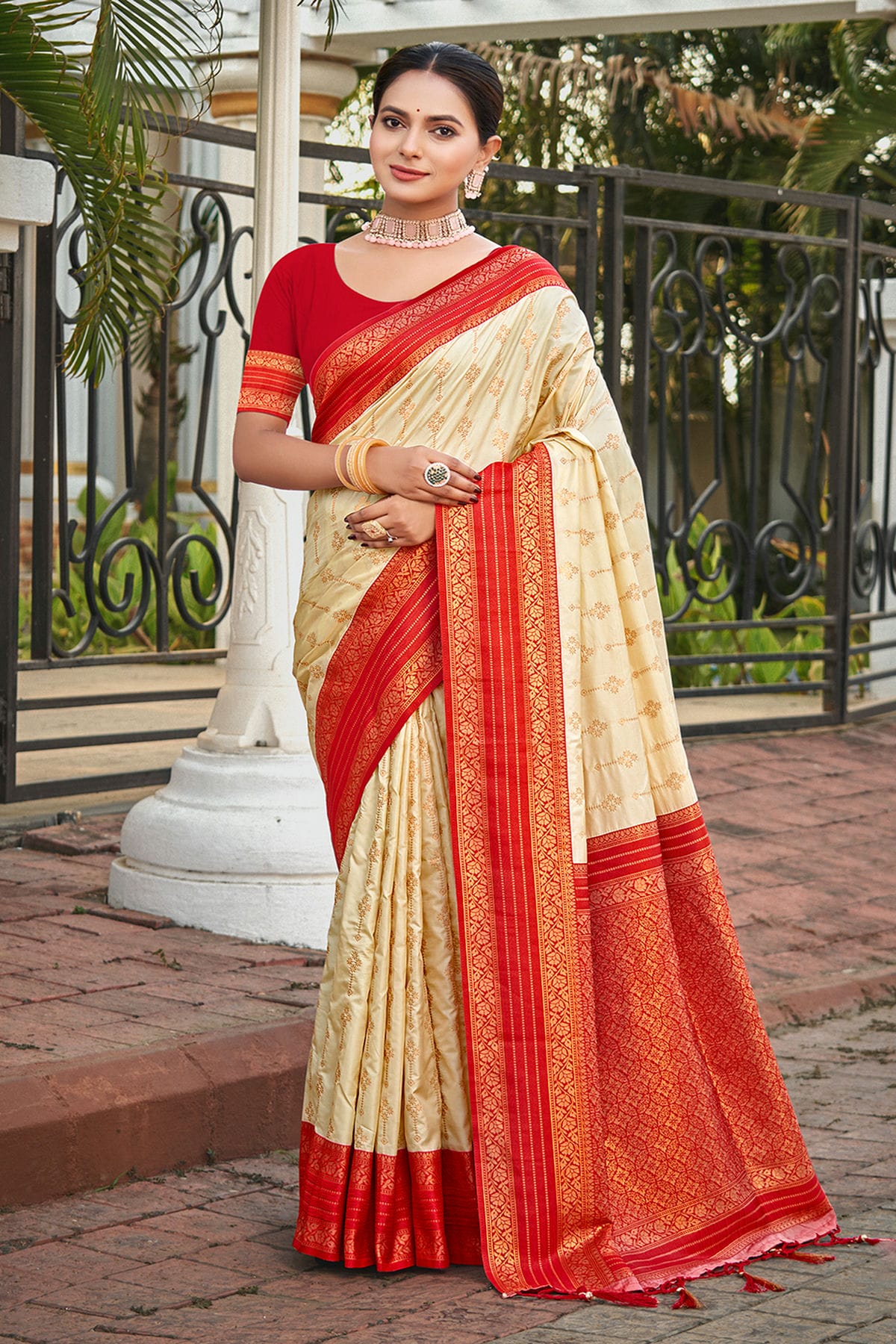 Cream Colour Woven Work Silk Saree