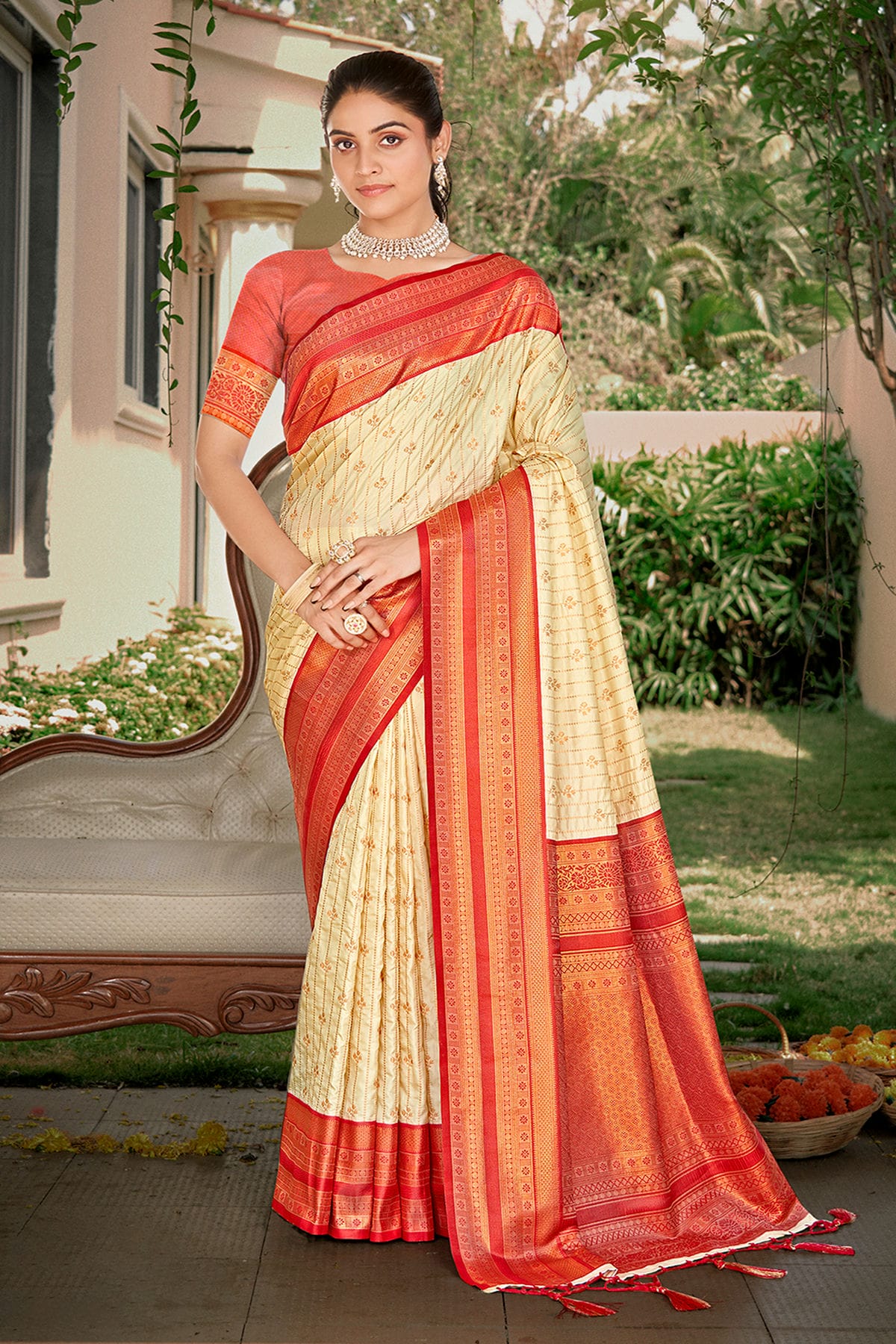 Cream Colour Woven Work Silk Saree