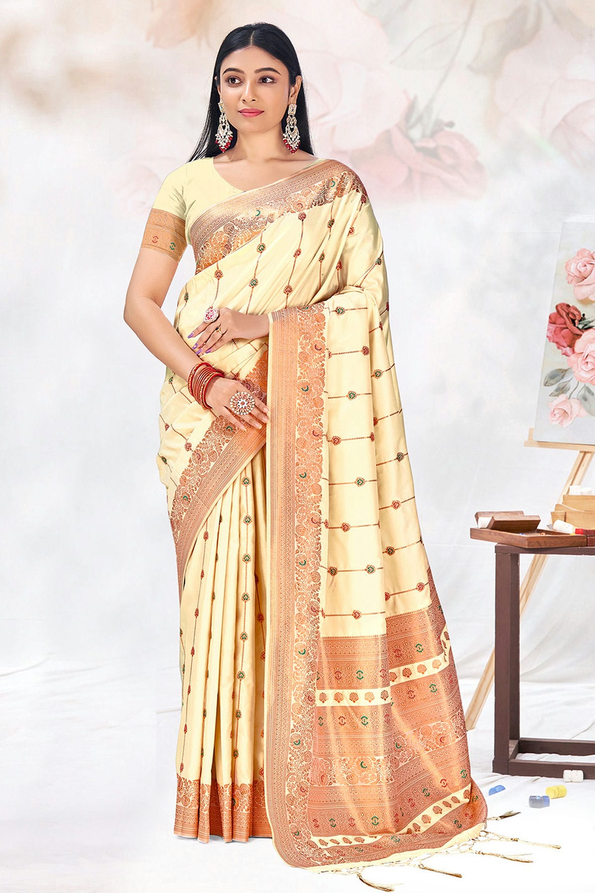 Cream Colour Woven Work Silk Saree