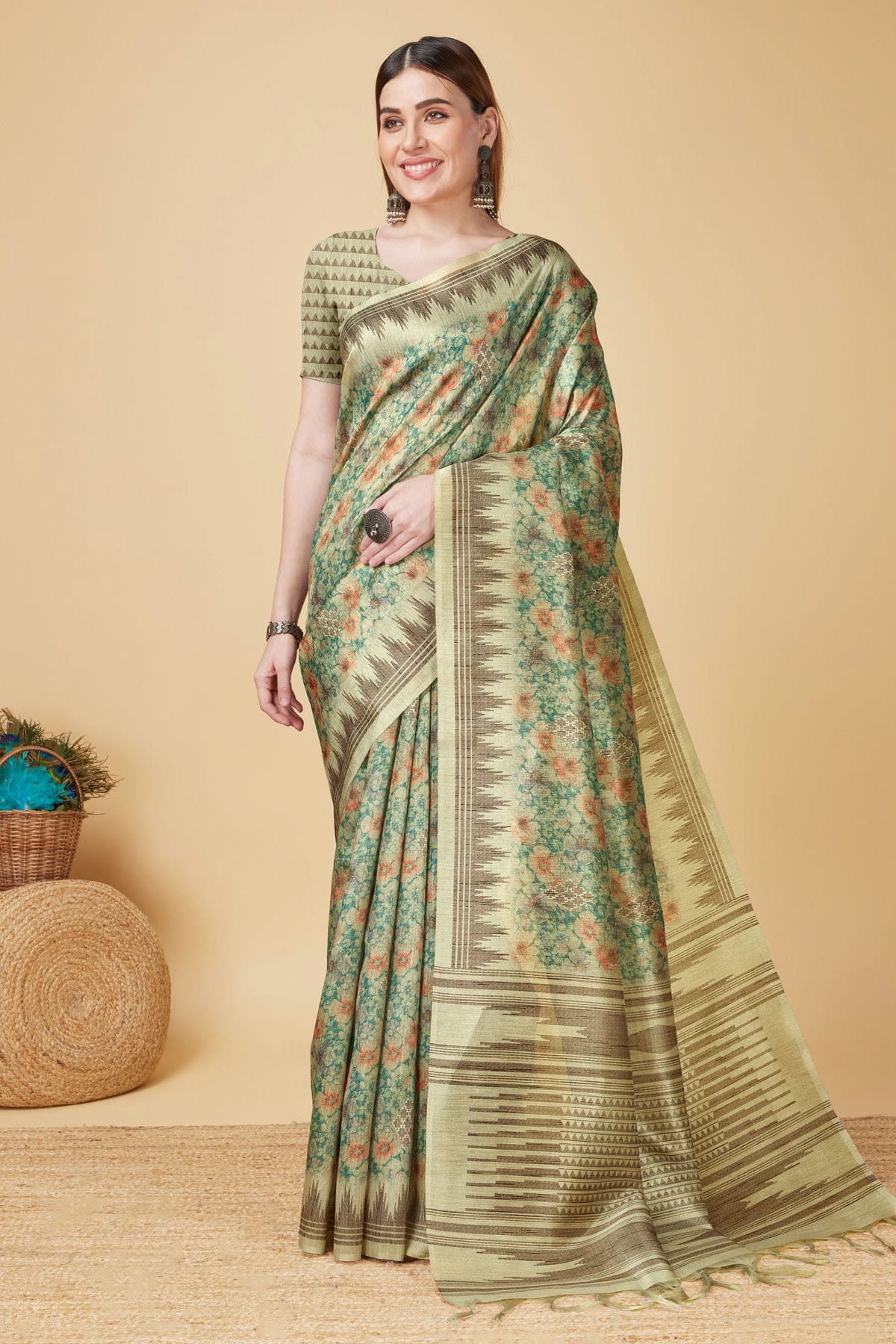 Cream Colour Woven Work Sofi Silk Saree