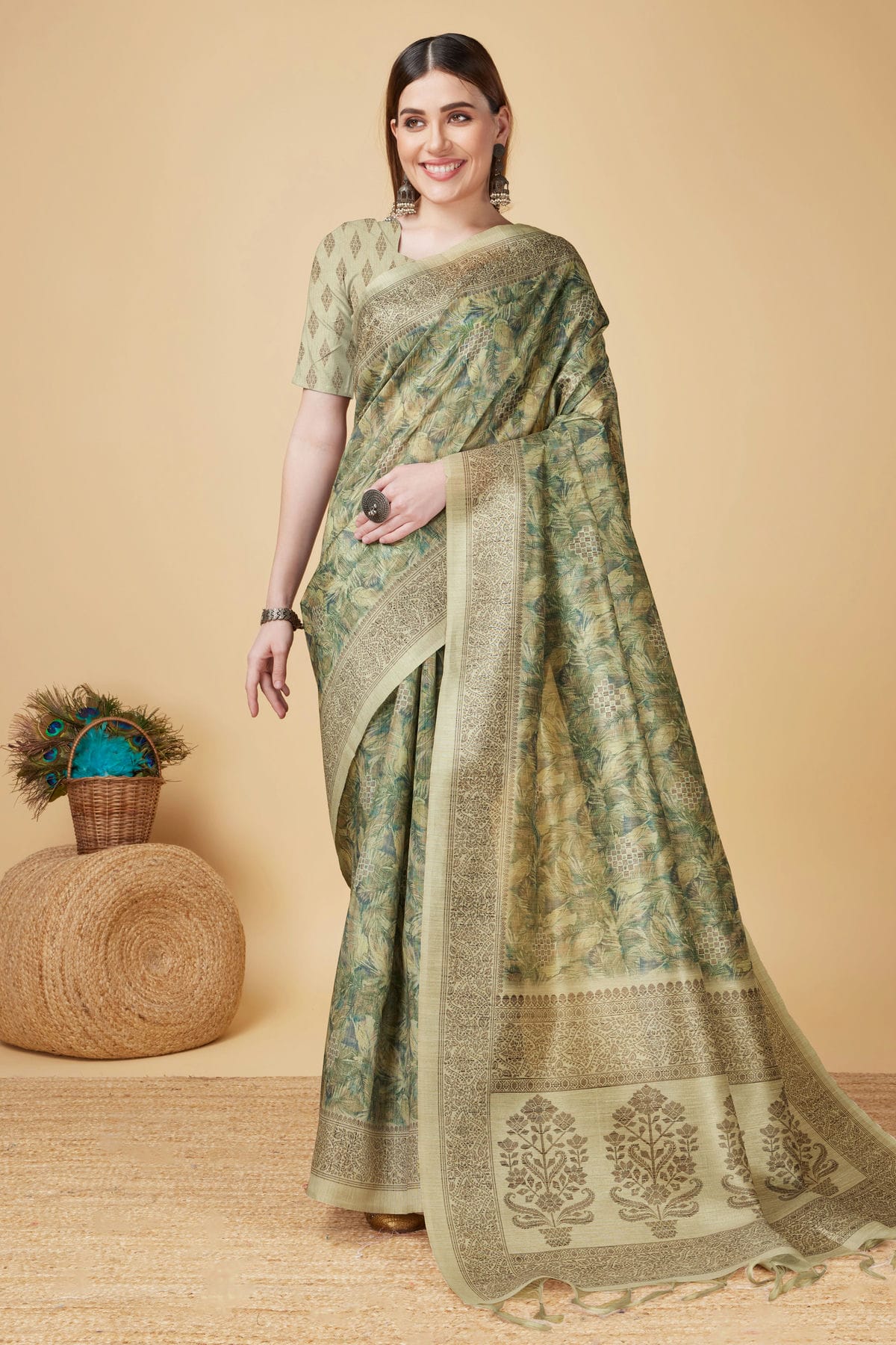 Cream Colour Woven Work Sofi Silk Saree