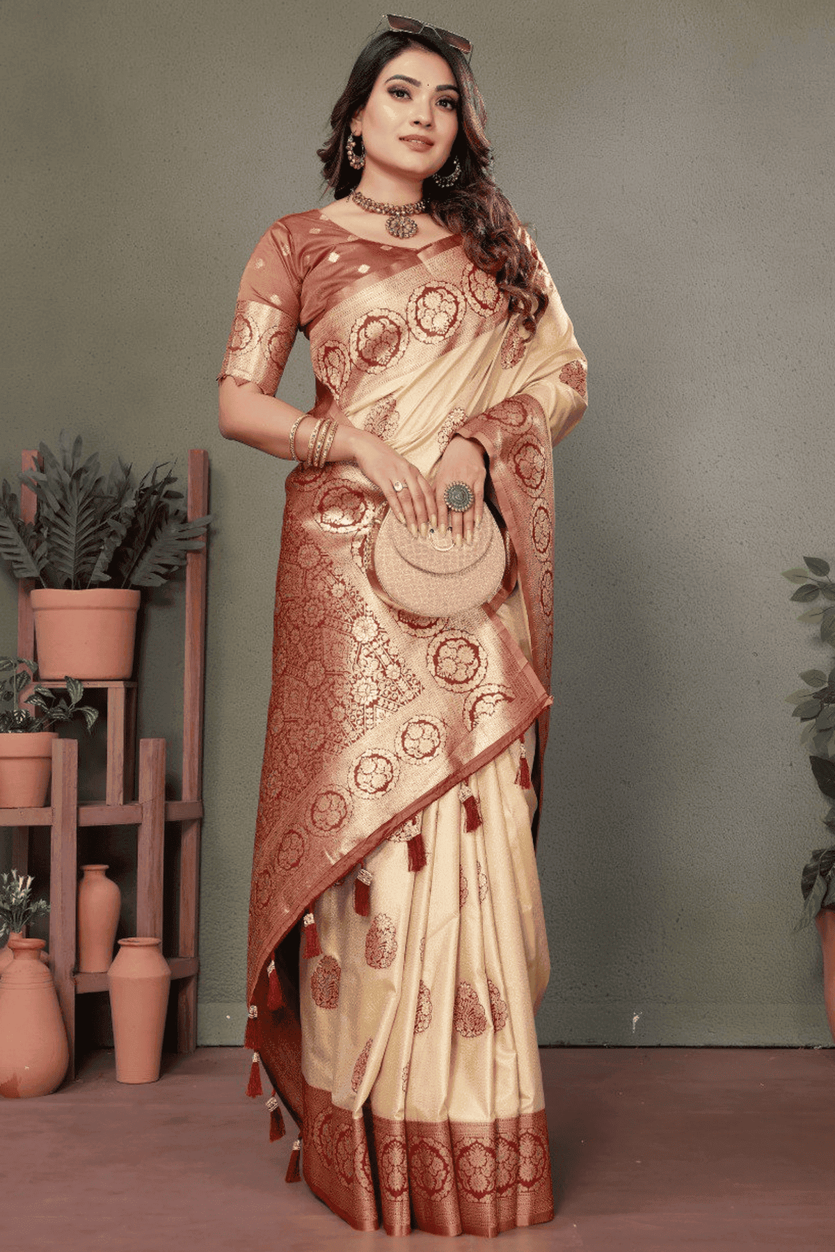 Cream Colour Woven Work Viscose Silk Traditional Saree VSSD1250262