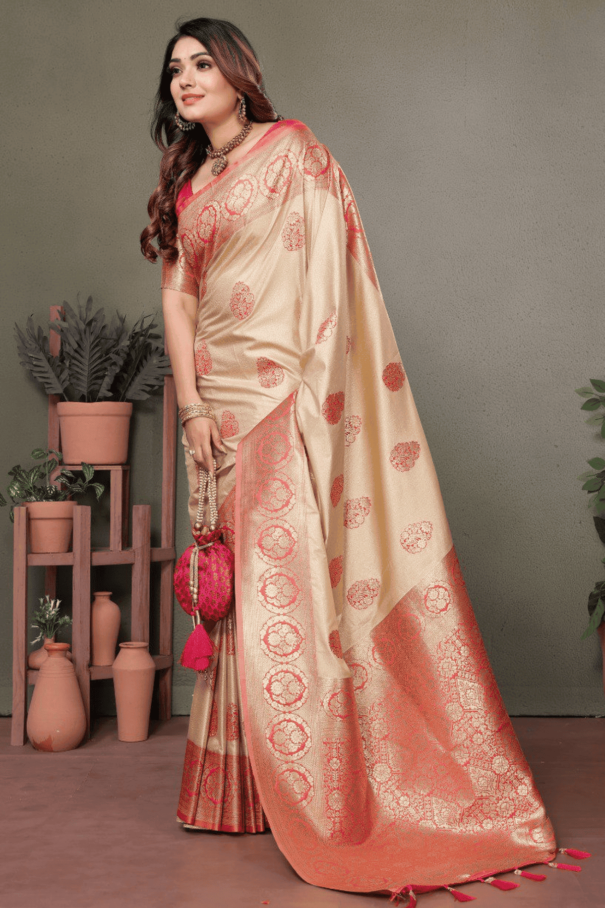 Cream Colour Woven Work Viscose Silk Traditional Saree VSSD1250263