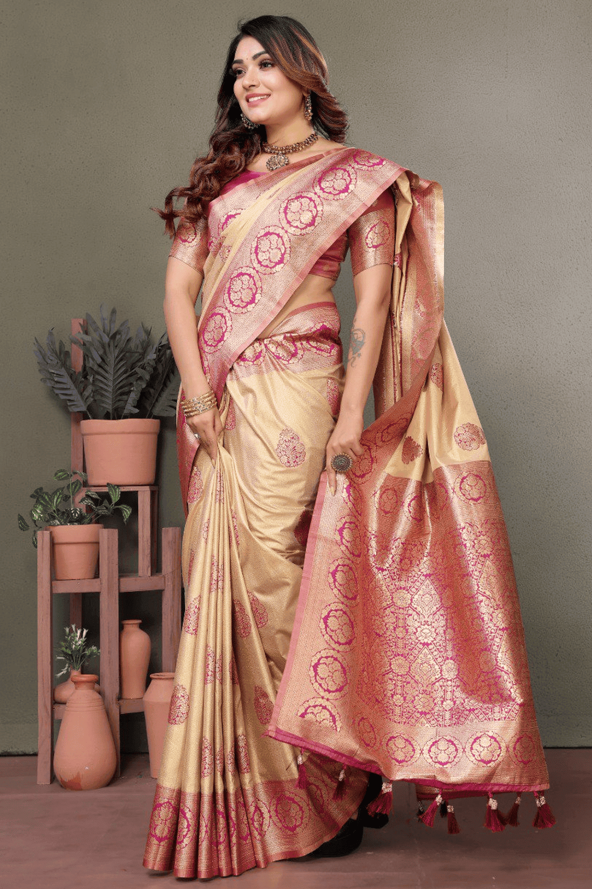 Cream Colour Woven Work Viscose Silk Traditional Saree VSSD1250264