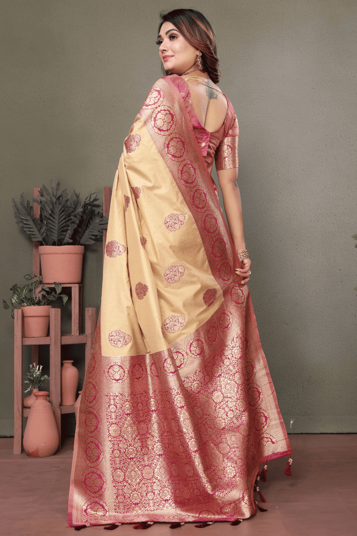 Cream Colour Woven Work Viscose Silk Traditional Saree VSSD1250264