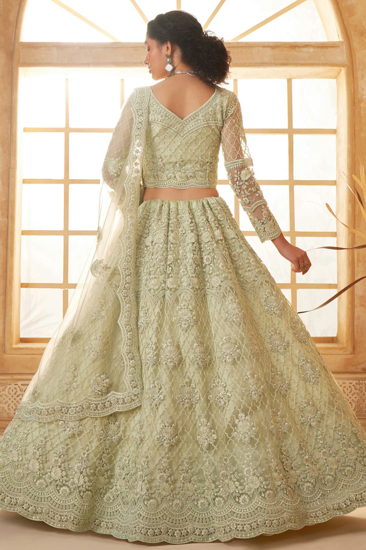 Cream Embroidery Net and SilK Lehenga Choli