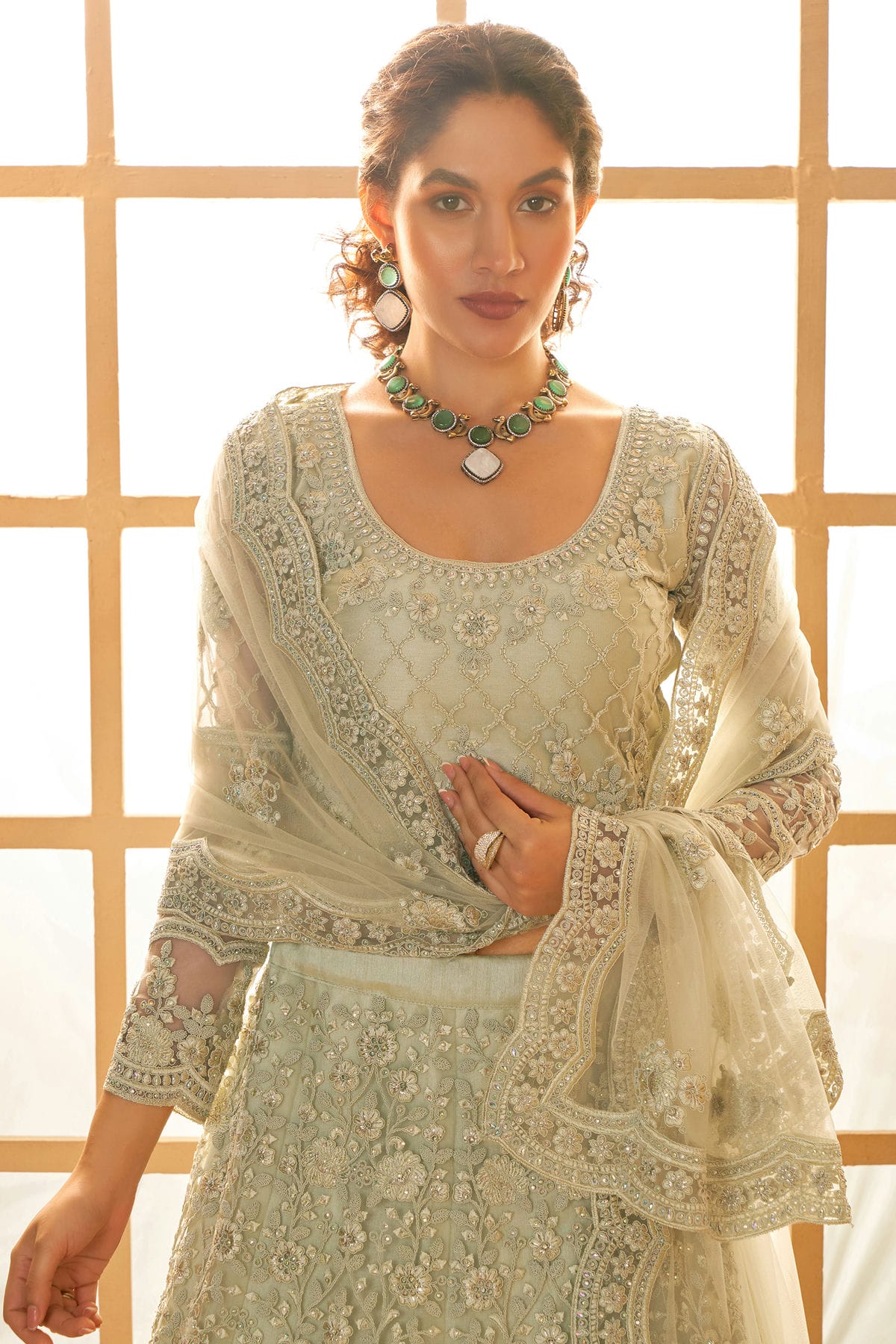 Cream Embroidery Net and SilK Lehenga Choli