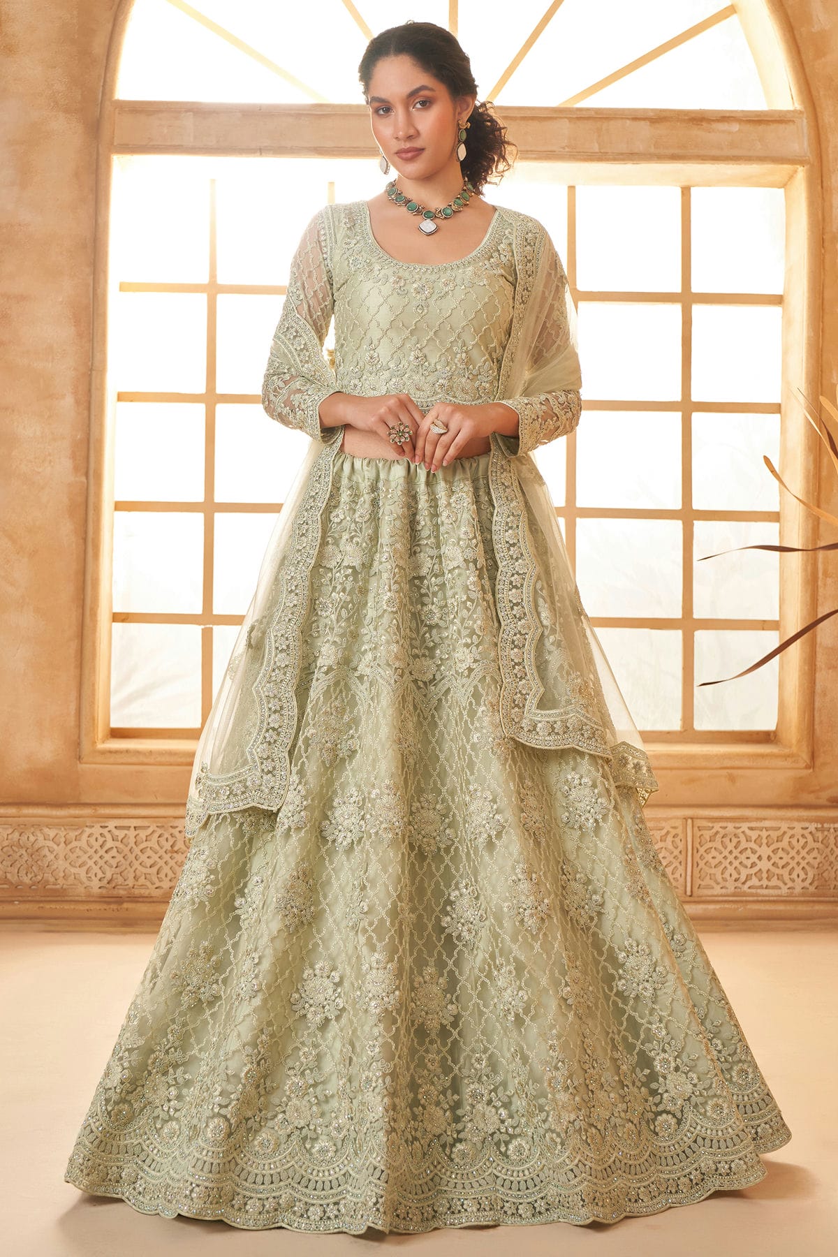 Cream Embroidery Net and SilK Lehenga Choli