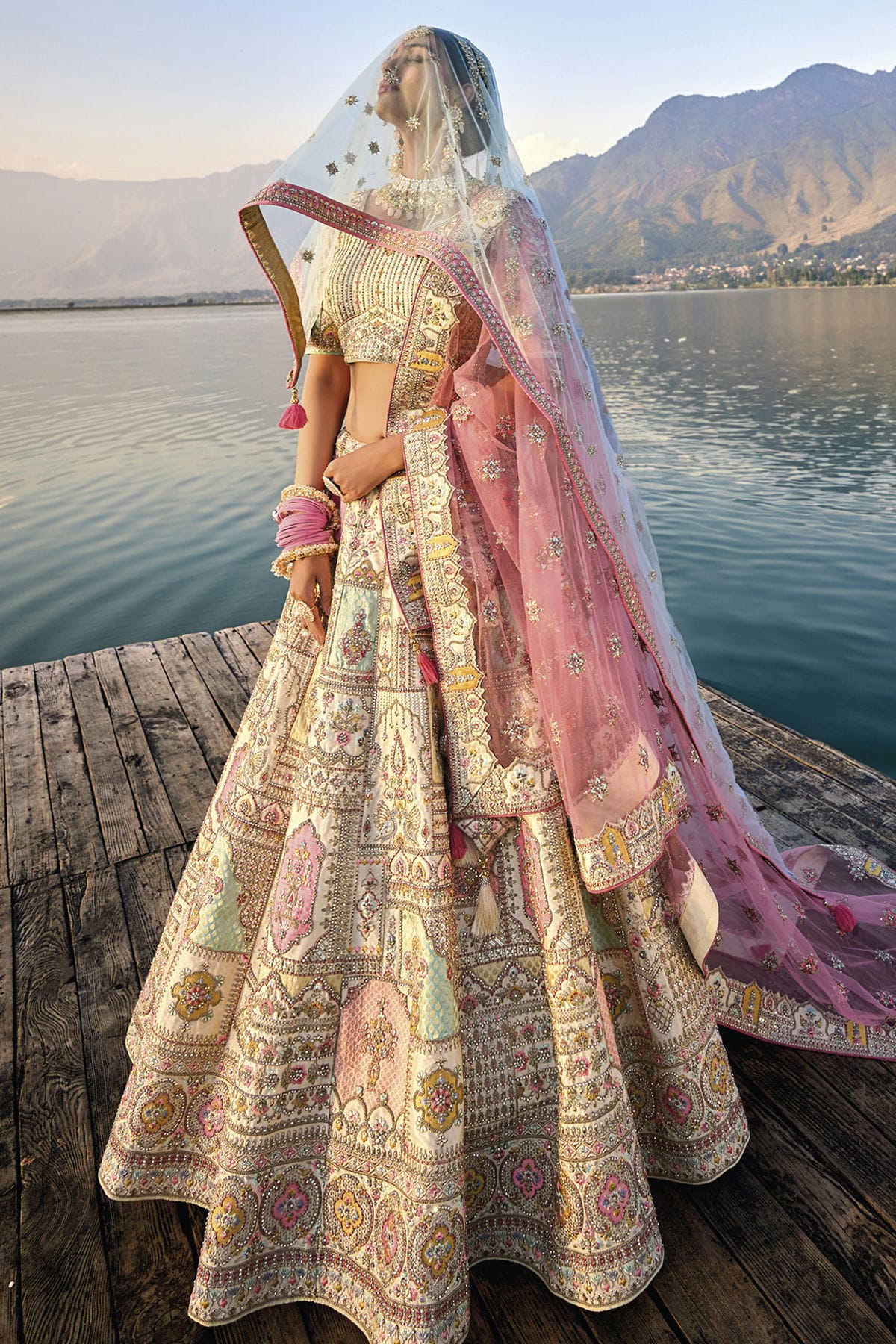 Cream Embroidery Silk Lehenga Choli