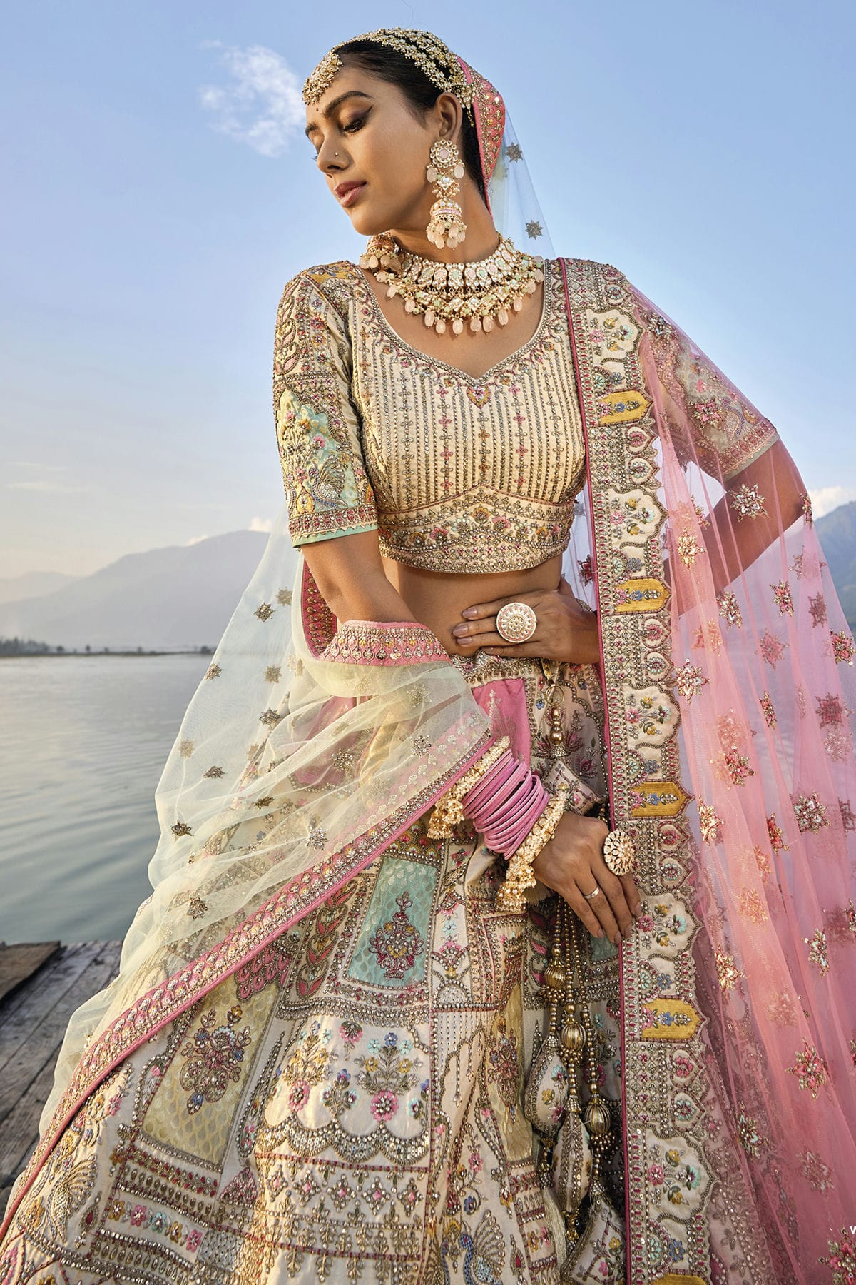 Cream Embroidery Silk Lehenga Choli