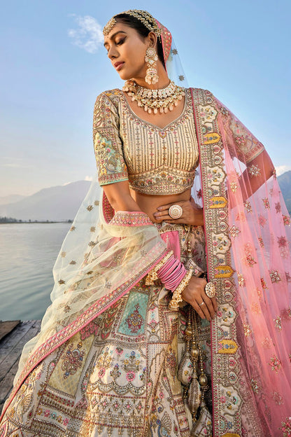 Cream Embroidery Silk Lehenga Choli