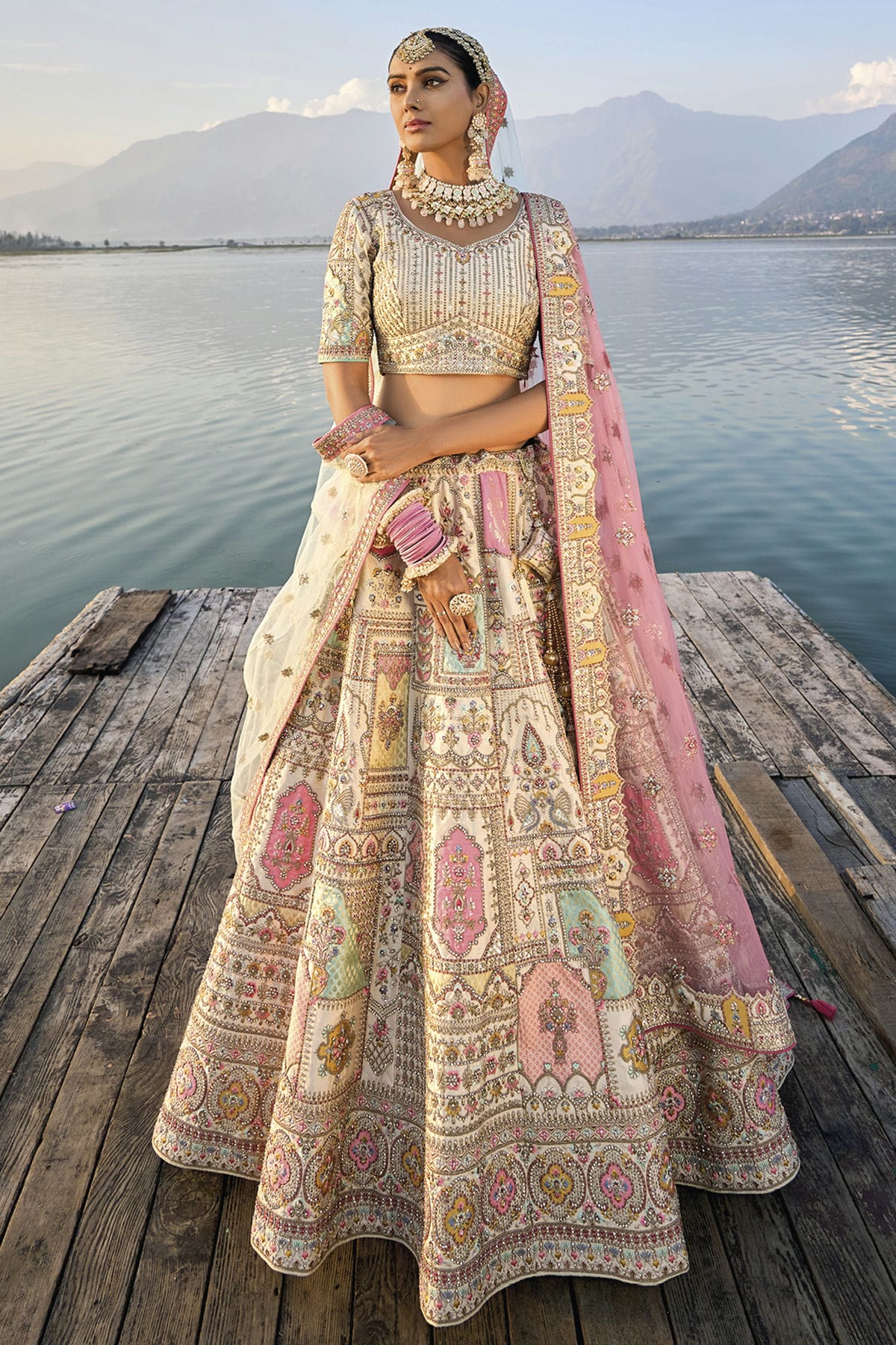 Cream Embroidery Silk Lehenga Choli