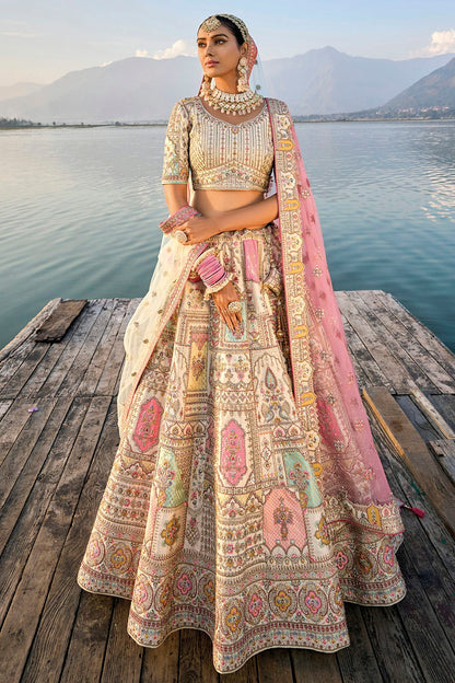 Cream Embroidery Silk Lehenga Choli