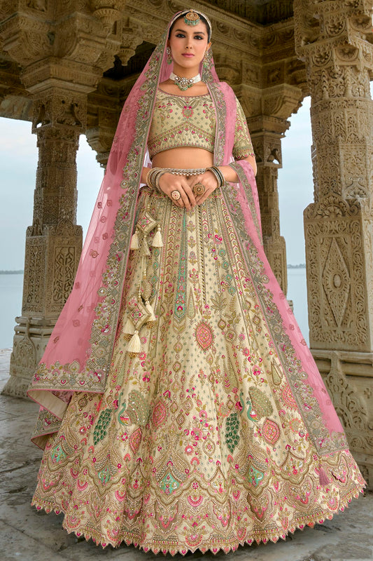 Cream Embroidery Silk Lehenga Choli