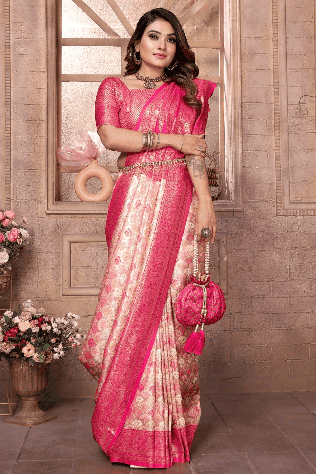 Cream Pink Colour Woven Work Banarasi Silk Traditional Saree VSSD1250235