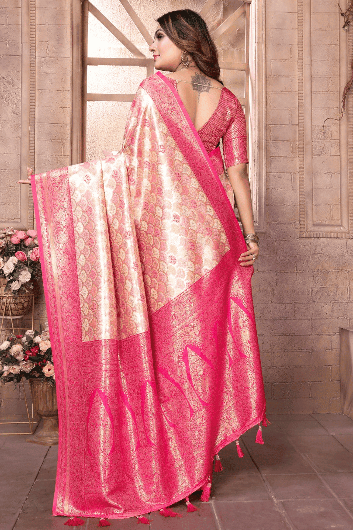 Cream Pink Colour Woven Work Banarasi Silk Traditional Saree VSSD1250235