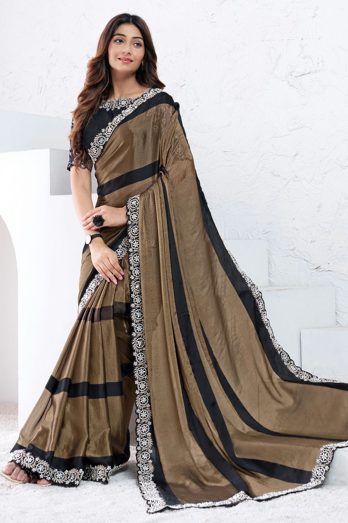 Dark Brown Colour Georgette Designer Saree