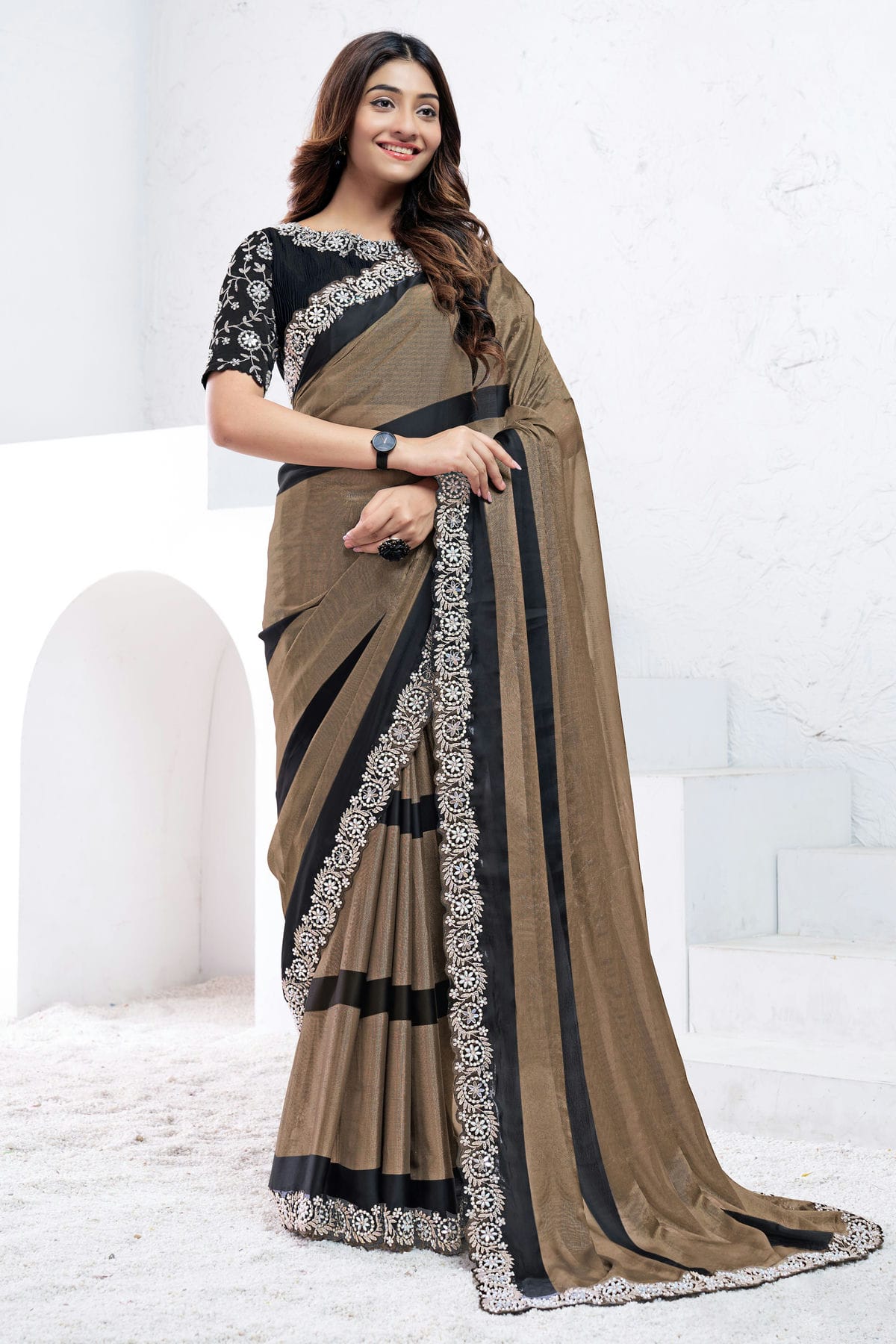 Dark Brown Colour Georgette Designer Saree