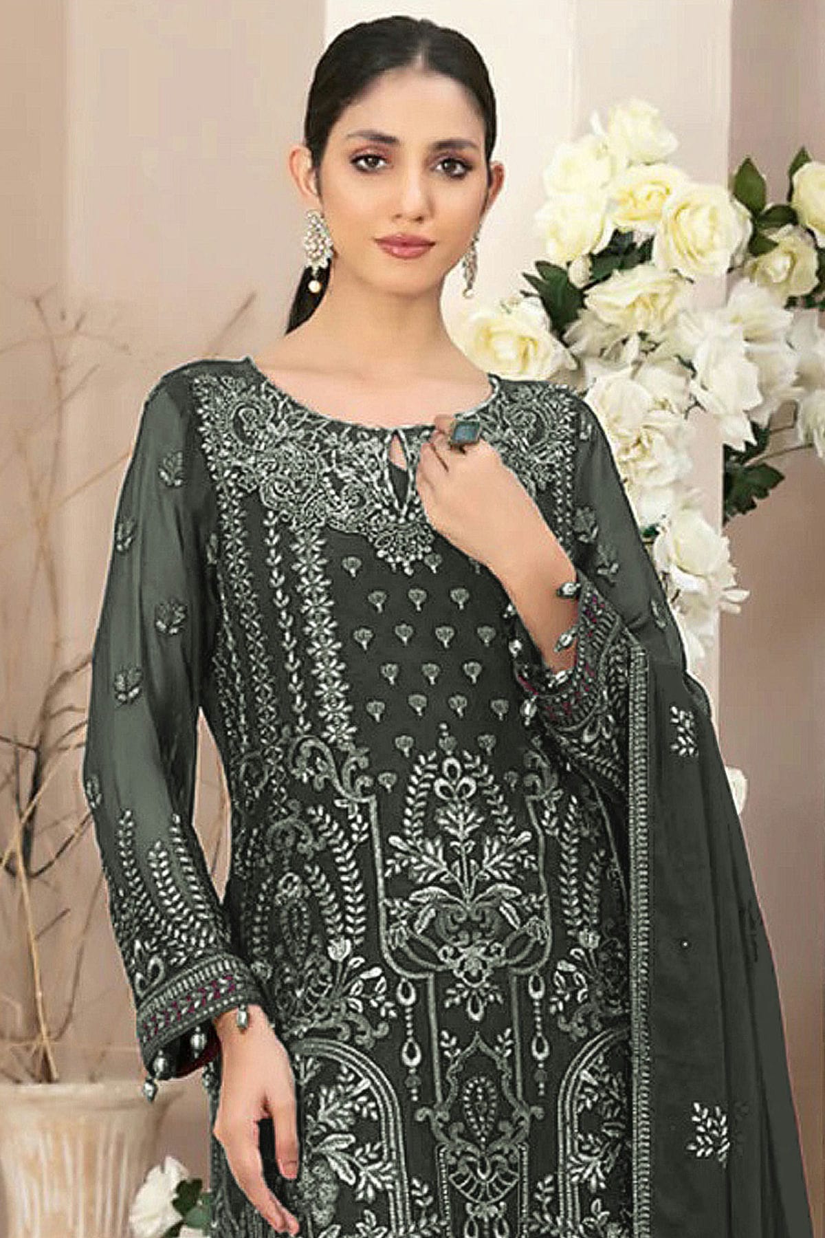 Dark Green Colour Semi Stitched Faux Georgette Pakistani Suit VSSM1140686