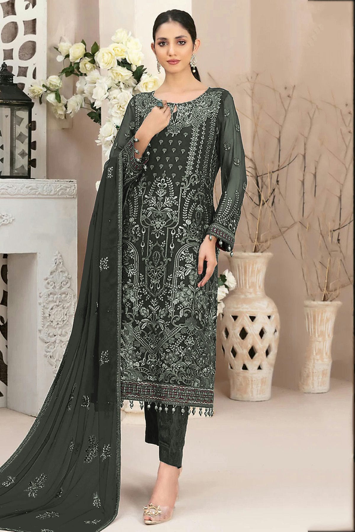 Dark Green Colour Semi Stitched Faux Georgette Pakistani Suit VSSM1140686