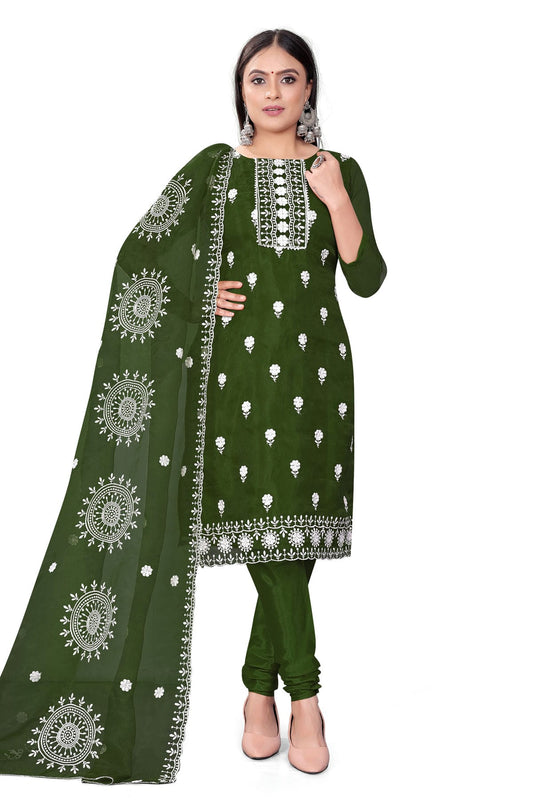 Dark Green Colour Unstitched Organza Churidar Suit