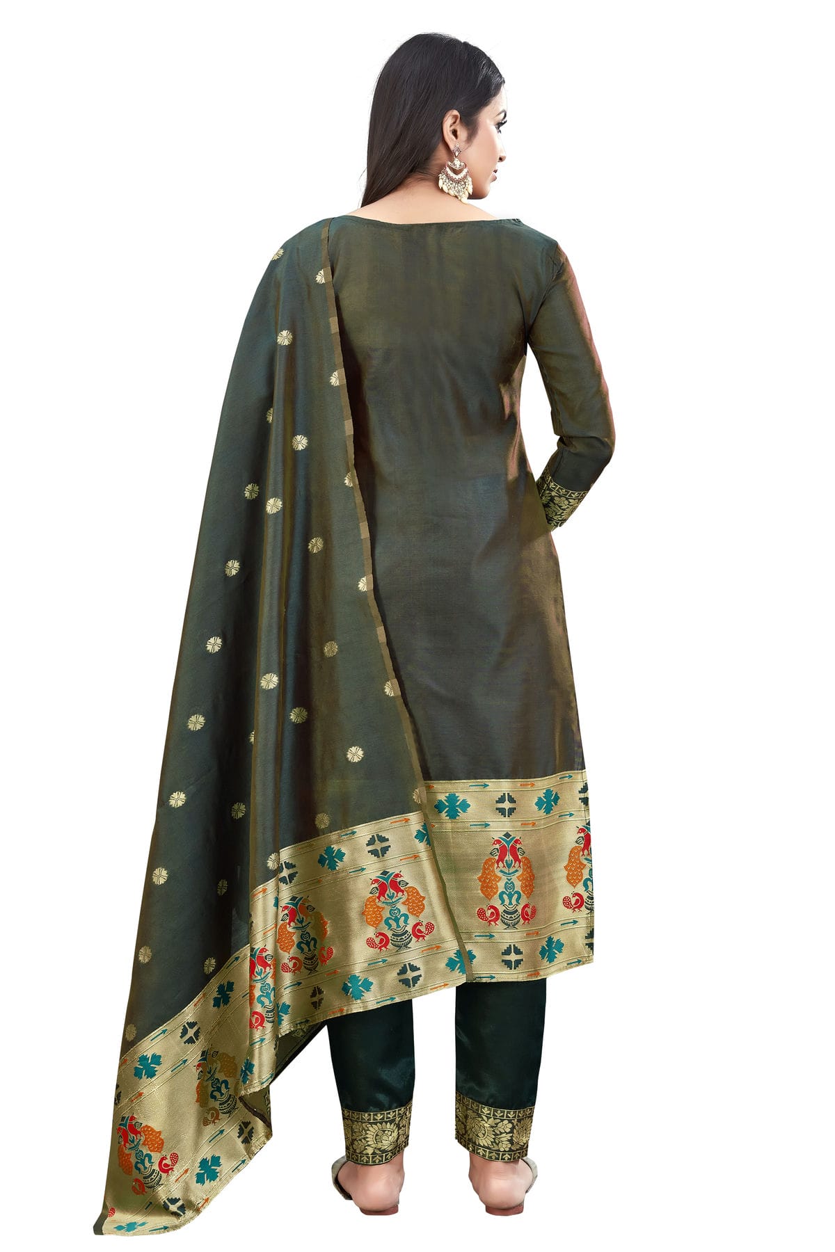 Dark Green Colour Unstitched Taffeta Silk Fabric Straight Suit