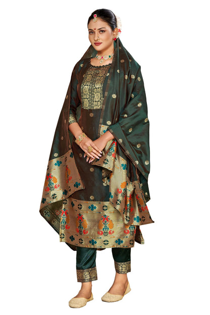 Dark Green Colour Unstitched Taffeta Silk Fabric Straight Suit