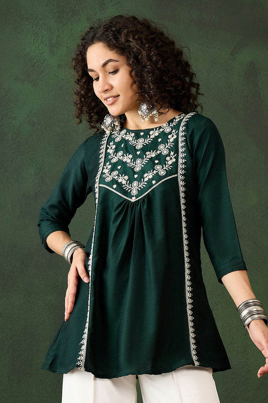 Dark Green Colour Viscose Rayon Readymade Top