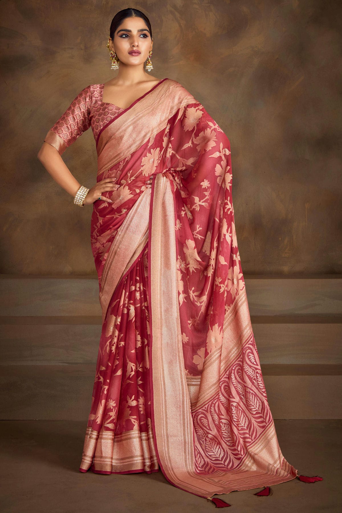 Dull Red Colour Moss Brasso Traditional Saree