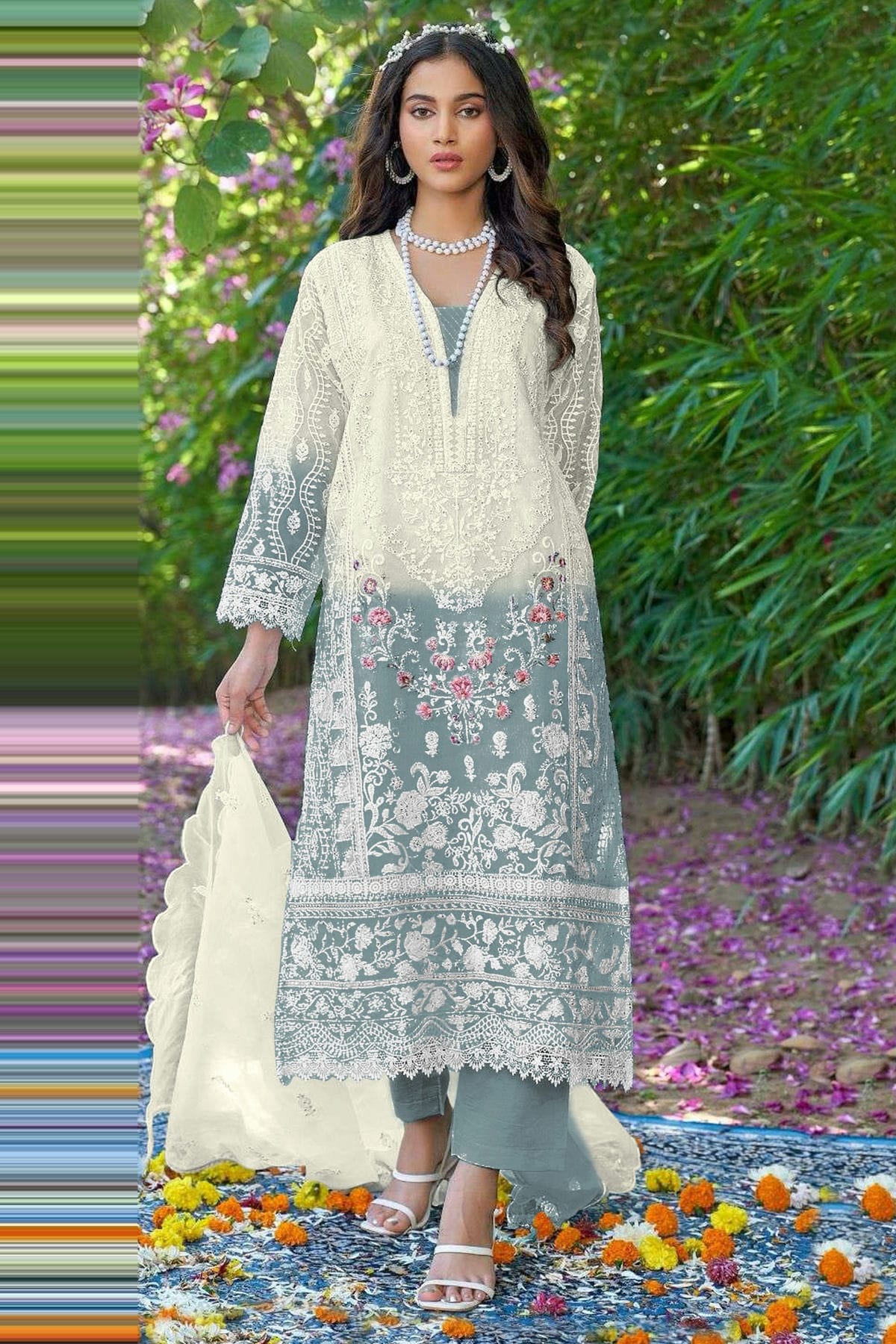 Dusty Blue Colour Organza Pakistani Suit