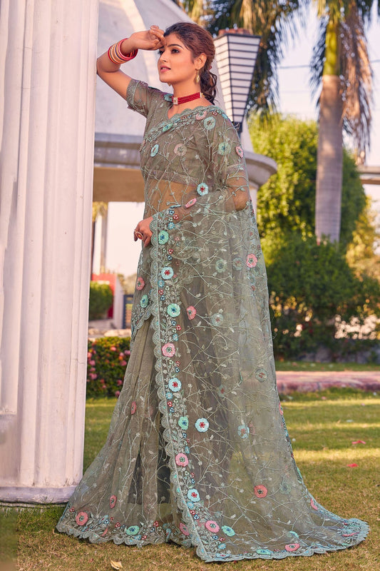 Dusty Green Colour Net Designer Saree