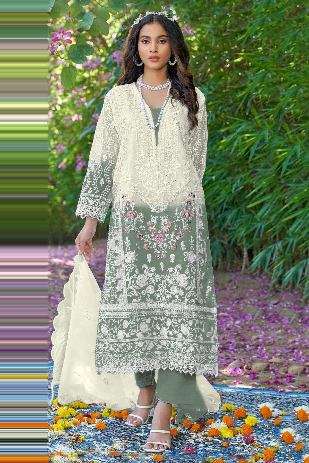 Dusty Green Colour Organza Pakistani Suit