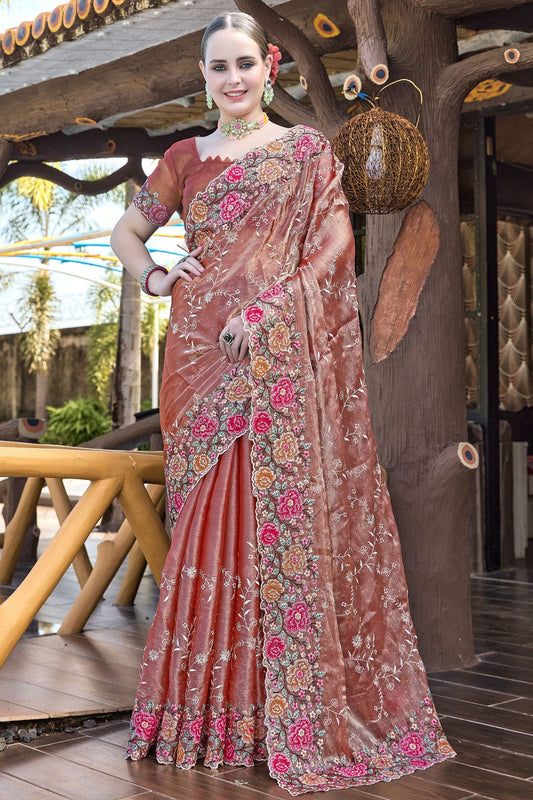 Dusty Peach Colour Burberry Silk Designer Saree