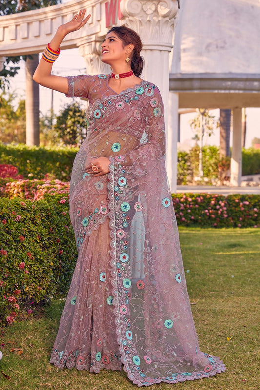 Dusty Peach Colour Net Designer Saree