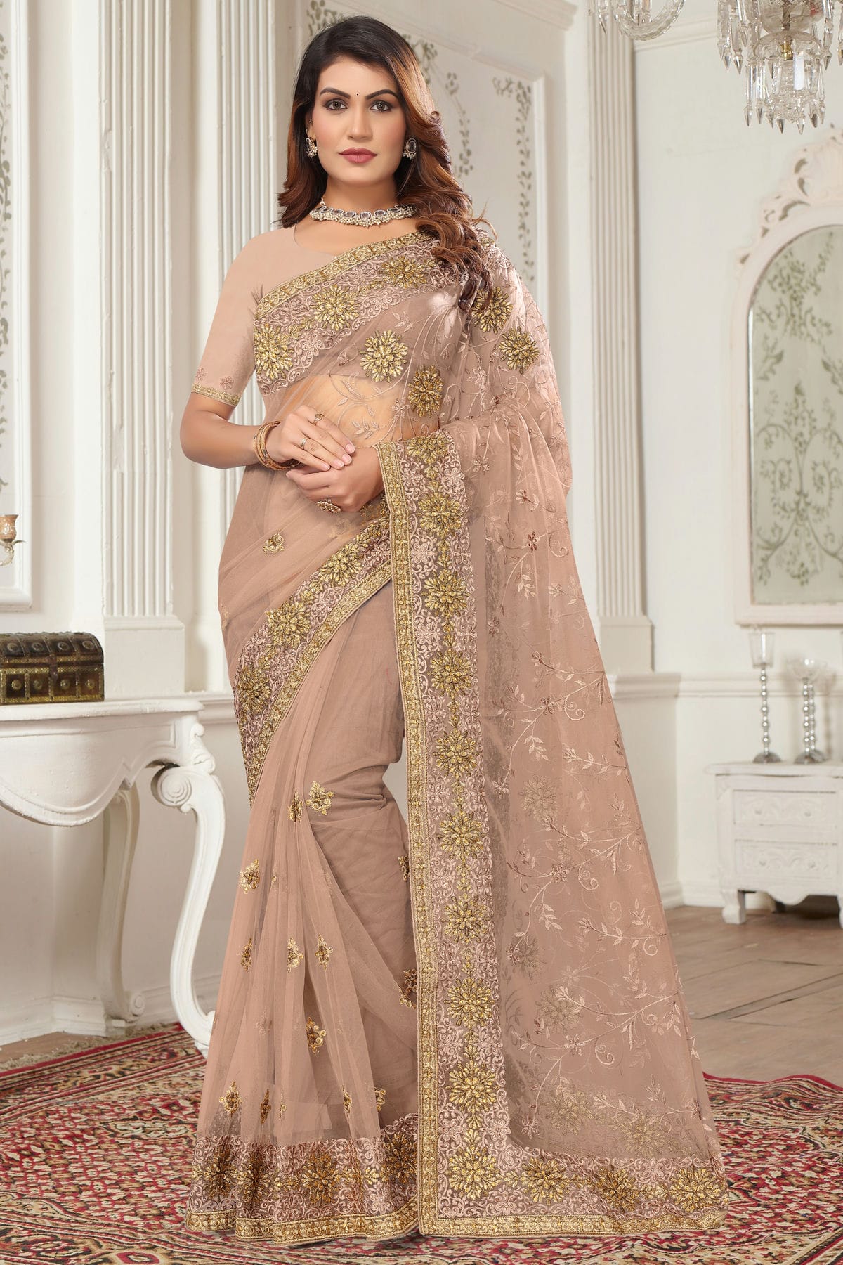 Dusty Peach Colour Net Designer Saree