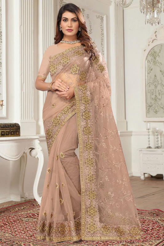 Dusty Peach Colour Net Designer Saree