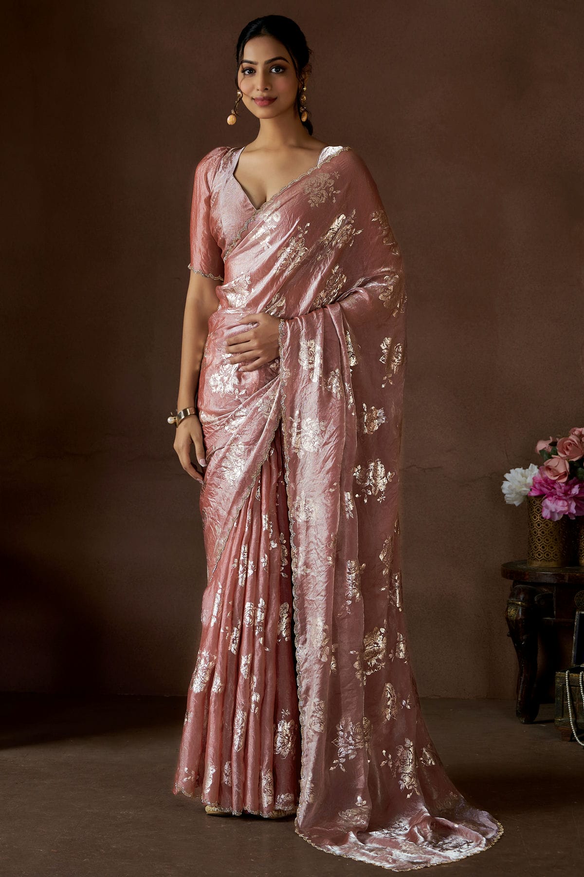 Dusty Peach Colour Satin Silk Designer Saree