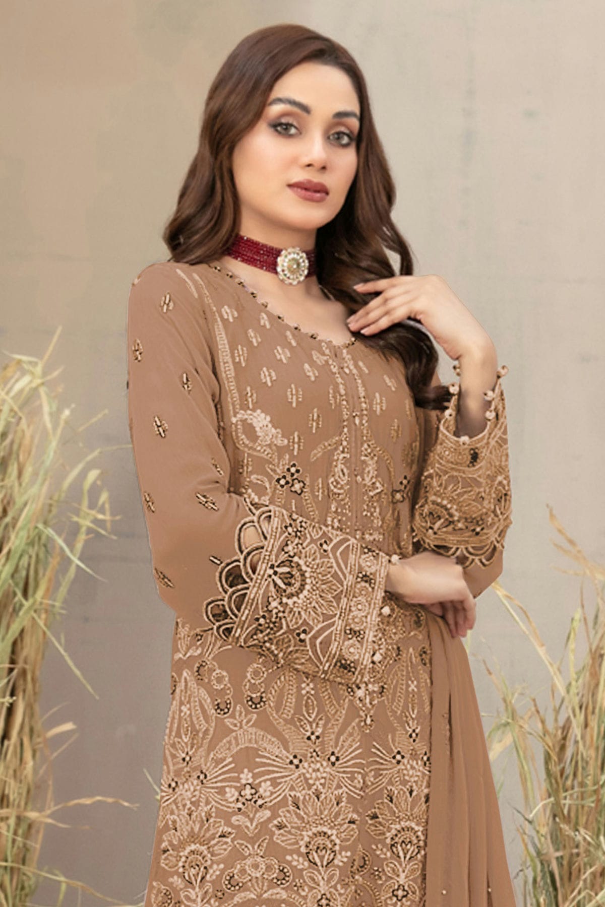 Dusty Peach Colour Semi Stitched Georgette Pakistani Suit VSSM1140661