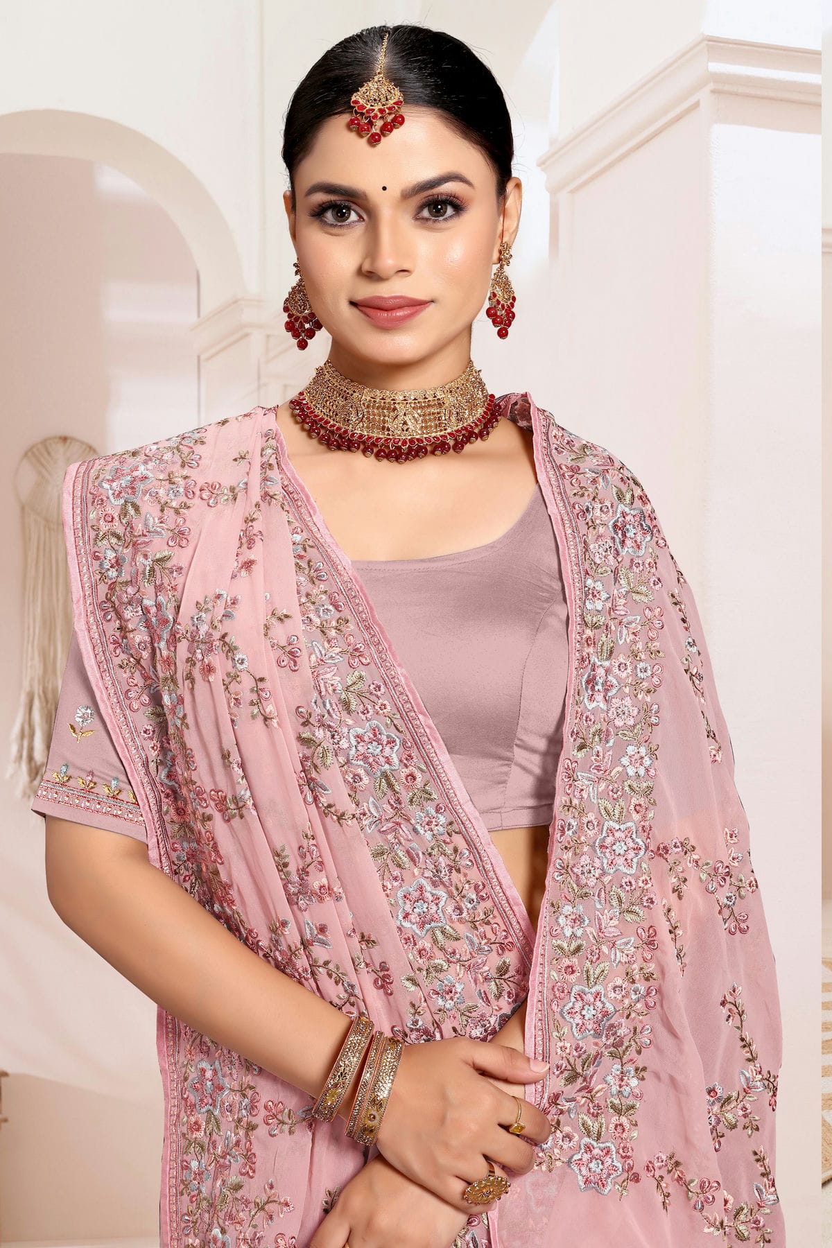 Dusty Pink Colour Georgette Designer Saree