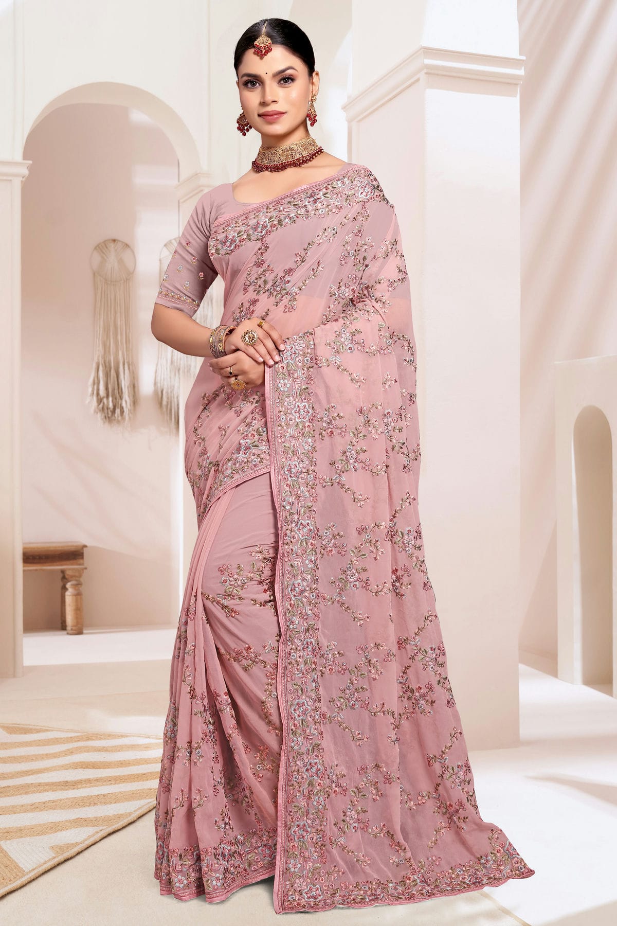 Dusty Pink Colour Georgette Designer Saree