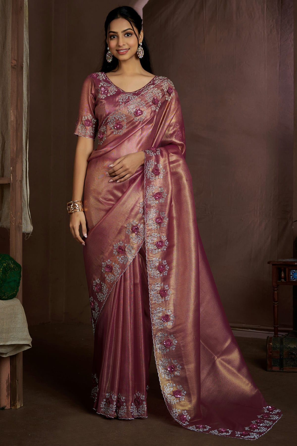 Dusty Pink Colour Jute Coting Silk Designer Saree