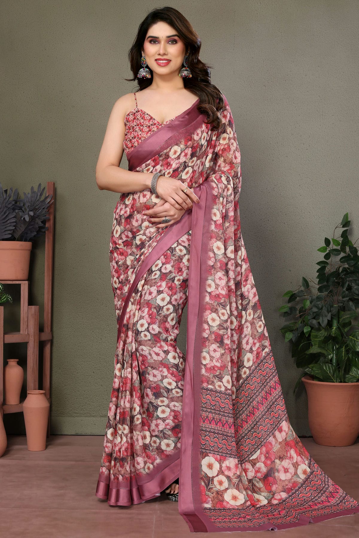 Dusty Pink Colour Moss Satin Saree