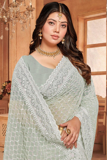 Dusty Pista Green Colour Georgette Designer Saree